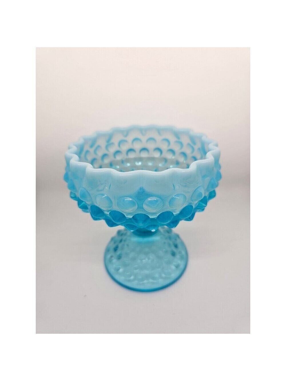 Vintage Fenton Blue Opalescent Coin Dot Compote | Ruffled Pedestal Bowl
